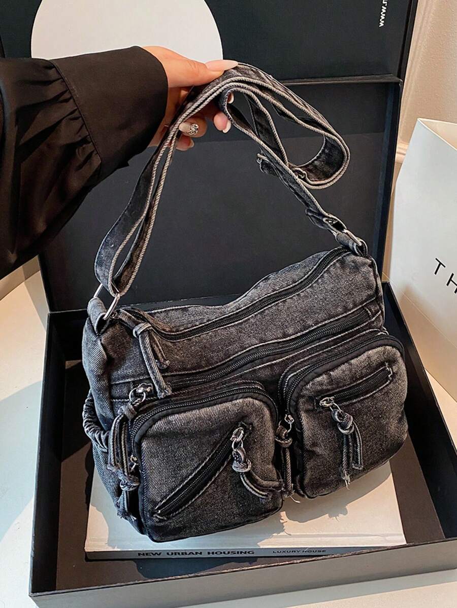 New Casual Chic Soft Jeans Multi-Layer Crossbody Bag With Multiple Pockets, Versatile Commuter Large Capacity Women's Shoulder Bag, Suitable For Work Commuting, Shopping And Traveling. - Black - View 1