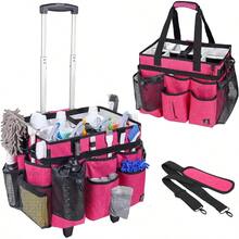 Extra Large Rolling Cleaning Caddy Bag With Detachable Foldable Trolley Portable Cleaning Cart For Housekeeping Cleaning Caddy With Adjustable Shoulder Strap And Multiple Storage Pockets - RoseRed - View 1
