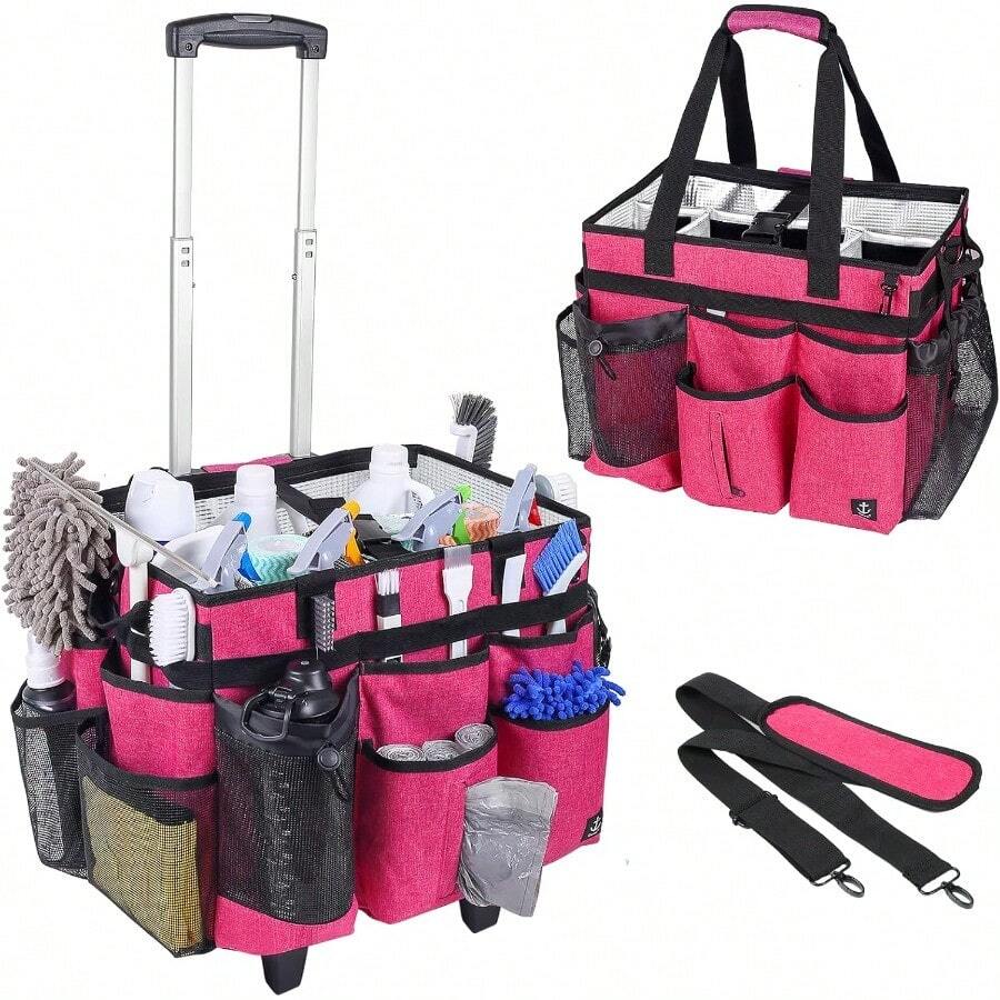 Extra Large Rolling Cleaning Caddy Bag With Detachable Foldable Trolley Portable Cleaning Cart For Housekeeping Cleaning Caddy With Adjustable Shoulder Strap And Multiple Storage Pockets - RoseRed - View 1