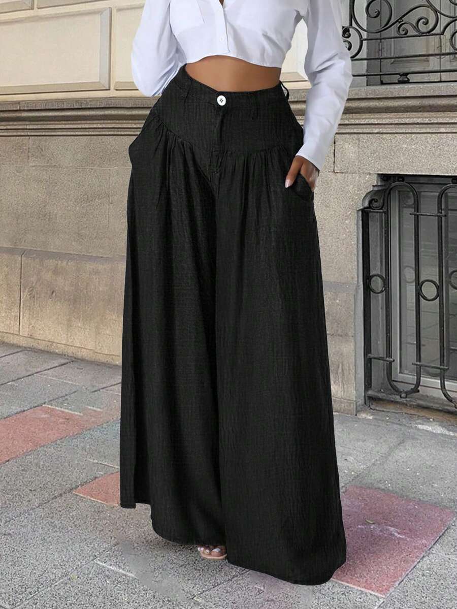 2026春夏新款女士纯色休闲优雅街头外出约会度假褶皱阔腿高腰黑色长裤，情人节裤装，春节裤装，女士长裤，女士阔腿裤，女士阔腿裤，女士长裤，女士办公装，春季服装，裤子，办公装，优雅女士服装，度假，夜店装，女士春季装，女士度假装，夏季度假装，夏季，女士生日装