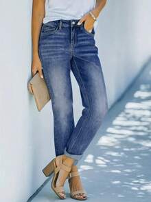 大码女式修身百搭街头风格直筒牛仔裤，老款风格，返校，老师，秋季，卡普里裤，办公室装，复古，妈妈牛仔裤，夏季，下装，牛仔布，商务休闲 - 藍色 - 查看 3