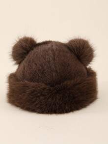 1pc Women's Fluffy Double Ball Bear Ear Shaped Beanie Hat, Warm And Suitable For Autumn/Winter Everyday Wear And Outings