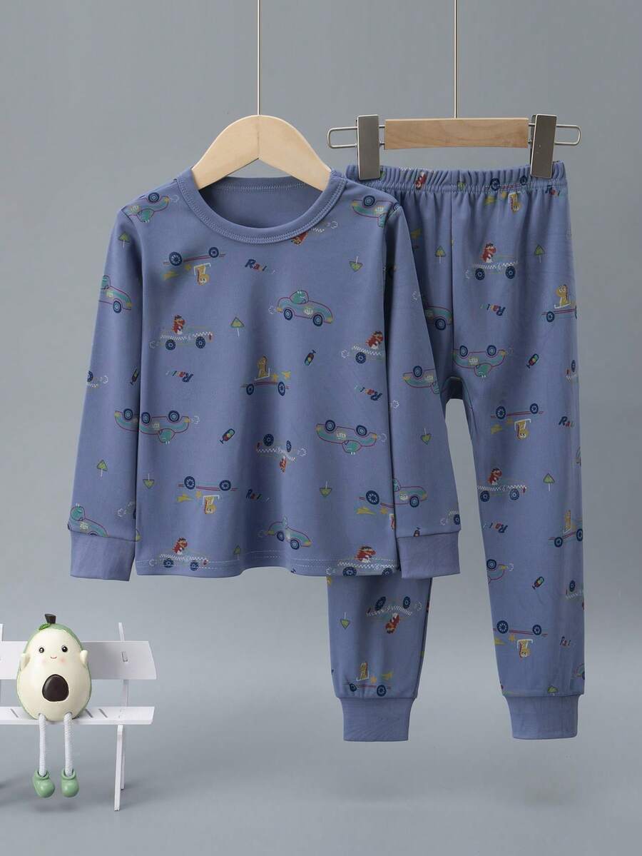 2 件套幼儿男童卡通赛车印花加厚长袖上衣和长裤睡衣套装，秋冬 - 彩色 - 查看 1