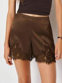 Women Pettipants Slip Shorts Lace Trim Satin Silk Bloomers Bottoms Elastic Waist Lace Slip Shorts Y2k Low Rise Micro Mini Pajama Shorts Knickers Lounge Slip Pj Bottoms - 棕色 - 查看 2