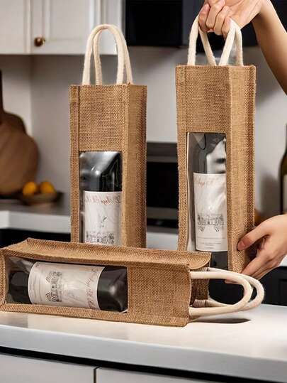 不含酒瓶的容器，一个粗麻布瓶袋 - 可重复使用的香槟和葡萄酒手提包，适合派对、节日等 - 礼品袋，尺寸 12.99x3.94x3.94 英寸，适合圣诞节和所有庆祝活动，葡萄酒瓶袋，最适合圣诞节