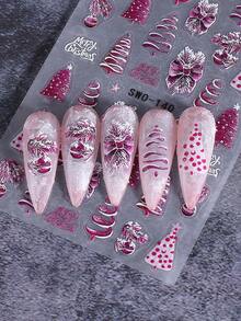 2PCS Pink Christmas Tree 5D Embossed Nail Stickers Bow Lights Crystal Ball Festival Bright Pattern Nail Art Decals Self-Adhesive Manicure Sliders Nail Accessories For Christmas New Year Holiday Gift