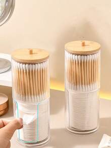 2-in-1 Doppelschicht runde Baumwollstäbchen Aufbewahrungsbox mit Bambusdeckel, transparente Baumwollpad Organizer Box, Make-up Entferner Pad Halter für Zuhause Schreibtisch, Schmuck und Kosmetik