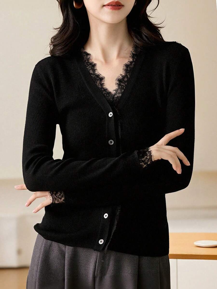 Romantic Lace Patchwork Slim Fit Women Knit Cardigan, Elegant Fitted Black Open Front Layering Sweater - Black - View 1