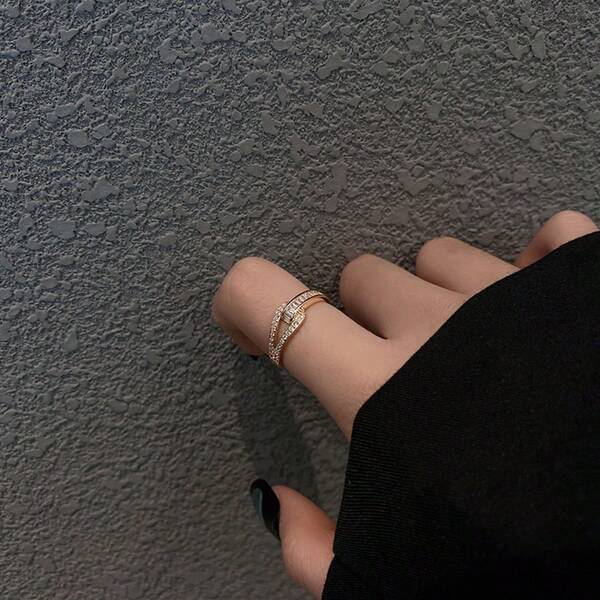 1 pieza Anillo chapado en oro de 18K de cobre con circonita, ajustable, de estilo coreano de moda para mujer