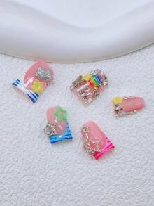 10pcs Handmade Y2K Nails Chic Duckbill Press On Nails Set - Handcrafted, Pink Nails, Blue And White French Tip Nails, Hand Drawn Blue And Pink Zebra Stripe, Exquisite Lovely Nails, Decorated With Silver Butterfly, Kitten, Rhinestones, Lollipop, Star, White Pearl, Yellow And Pink Little Flower Elements Design