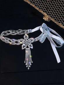 1 buc colier reglabil cu stras și ciucuri de flori, colier tip choker cu panglică cu fundă pentru femei