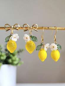 1 Pair Fashionable Sweet Fruit Yellow Lemon Flower Earrings, Creative Earring Hooks, Fresh Earrings Accessories