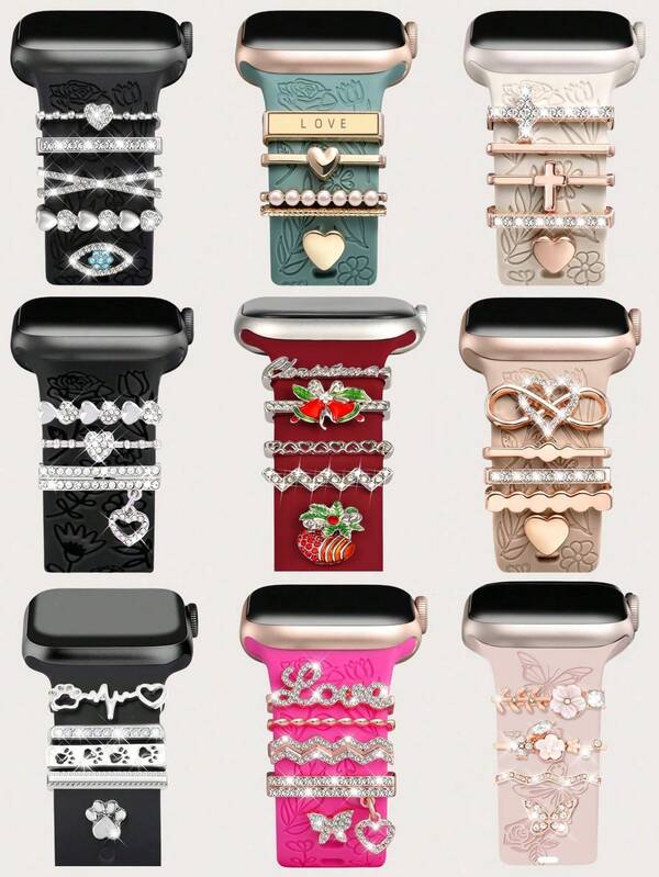 5/4/3pcs Metal Charms Decorative Ring Compatible With Apple Watch Band LOVE Diamond Rhinestone Ornament Smart Watch Silicone Strap Accessories Bracelet Fashionable Accessories (Watch And Band Not Included) Compatible With Apple Watch Band 38mm 40mm 41mm 42mm 44mm 45mm 46mm 49mm, Compatible With Apple Watch Series Ultra/Se/10/9/8/7/6/5/4/3/2/1 Watch Band Accessories Jewellery