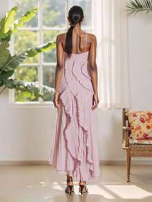 Women's Ruffle Halter Dress Sleeveless Solid Color Long Flowy Dress Summer A-Line Dress - Mauve Purple - View 8