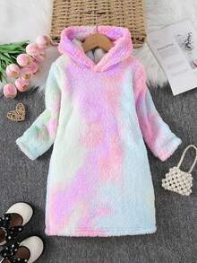 女童加厚抓绒卫衣裙 - 扎染图案，宽松版型，保暖舒适，长袖设计，及膝长度，时尚舒适的休闲连衣裙 | 青少年服装 | 针织，女童冬季服装 - 彩色 - 查看 1