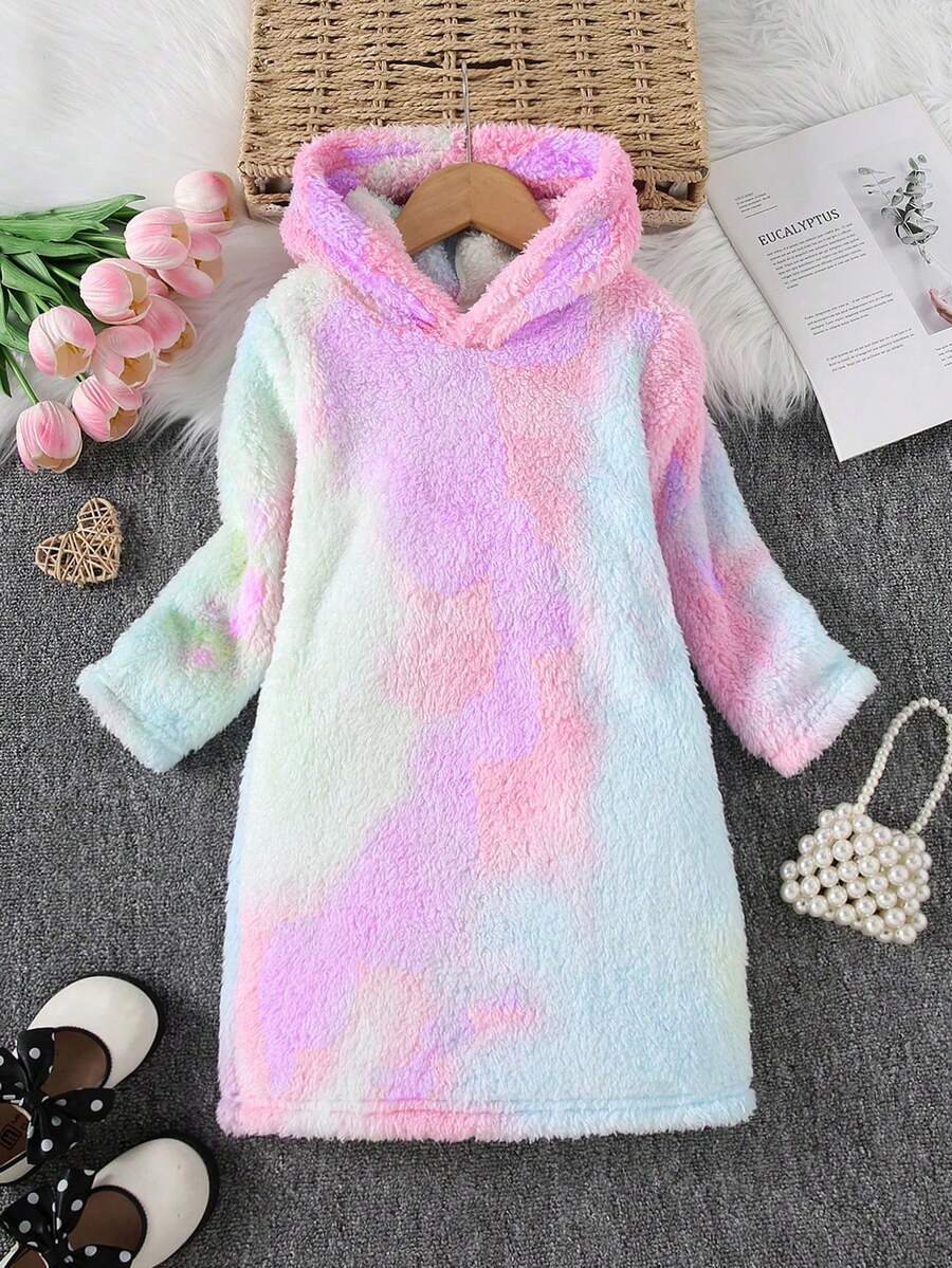 女童加厚抓绒卫衣裙 - 扎染图案,宽松版型,保暖舒适,长袖设计,及膝长度,时尚舒适的休闲连衣裙 | 青少年服装 | 针织,女童冬季服装 - 彩色 - 查看 1