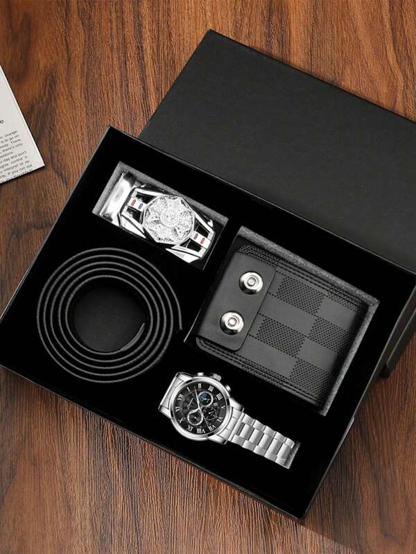 Gift Box Set, Wedding Gift, Birthday Gift, Gift For Lover, Father, Teacher, Company Annual Meeting, Employee, Business Men, Classic Fashion Business Quartz Watch + Wallet + Belt + Belt Buckle + Gift Box