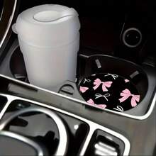 1 Set Of 2 Pink Bow Patterned Car Cup Holder Pads, Universal Compatible, Made Of Natural Rubber Anti Slip Polyester Back, Absorbent Knitted Fabric, Cute Cartoon Storage Pad, Used For Vehicle Interior Size 2.8 Inches, Washable, Single Weight 8 Grams