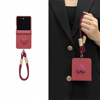 Funda de teléfono en forma de corazón color borgoña hecha a mano de lujo con cordón anti-pérdida, compatible con Samsung Galaxy ZFlip7, Z Flip6, ZFlip 5, cubierta trasera resistente a golpes