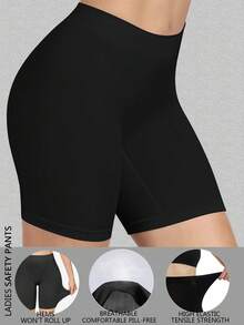 3Pcs High Waist Seamless Boxer Briefs For Women Boyshorts Soft Panties Under The Skirts Casual-Comfy Underwear Anti-Lighting No Rolling Bottoming Shorts Lingerie - 黑色-3件裝 - 查看 8