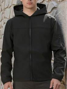Winter Outdoor Sports Casual Solid Color Zip-Up Hooded Thick Jacket, Suitable As Gift For Boyfriend, Friend, Husband, Father's Day - Black - View 2