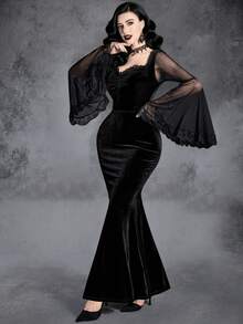 Gothic Pleated Contrast Mesh Flounce Sleeve Maxi Velvet Mermaid Hem Dress