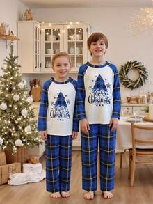 2-Piece Family Matching Christmas Set - Tree Print Long Sleeve Top And Plaid Pants, Holiday Loungewear