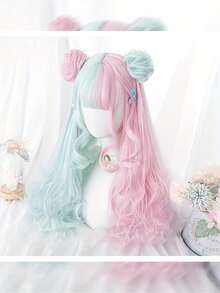 24 Inch Candy Color Block Long Curly Lolita Wig Double Bun Detachable Fluffy Lolita Cosplay Synthetic Heat Resistant Fiber Wig Suitable For Women Christmas Halloween Cosplay