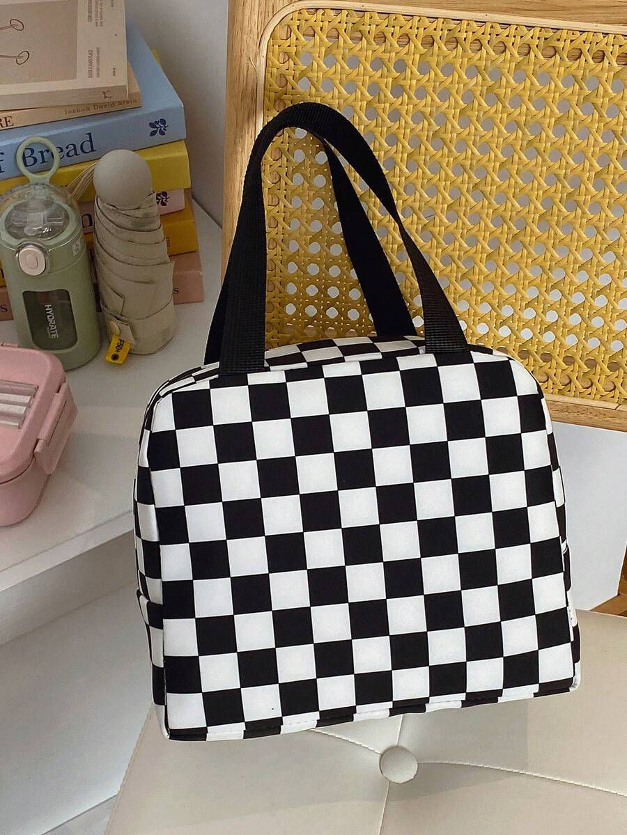 Bolso de mano grande de nailon con estampado de cuadros, bolsa de almuerzo de moda