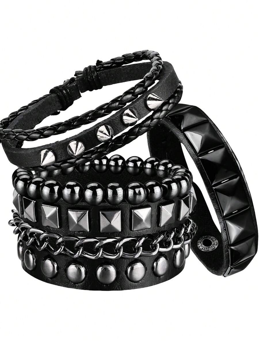 Xiacheng Bộ 4 vòng tay da đinh tán phong cách Punk unisex, vòng tay kim loại có thể điều chỉnh, bộ vòng tay rock. - Đen-02 - Xem 1