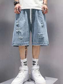 Baggy Jean Shorts Men, Y2k Jorts Cargo Ripped Elastic Waisted, Mens Denim Shorts Loose Fit Vintage Streetwear Summer - 淺色水洗藍 - 查看 2