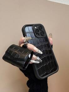 Crocodile Pattern Black Luxury Stone Texture Phone Case + Stone Texture Earphone Case Compatible With Apple X, XR, 11, 12, 13, 14, 15, 16 Pro Max, 17, Air, 17 Pro, 17 Pro Max, Pro, 4