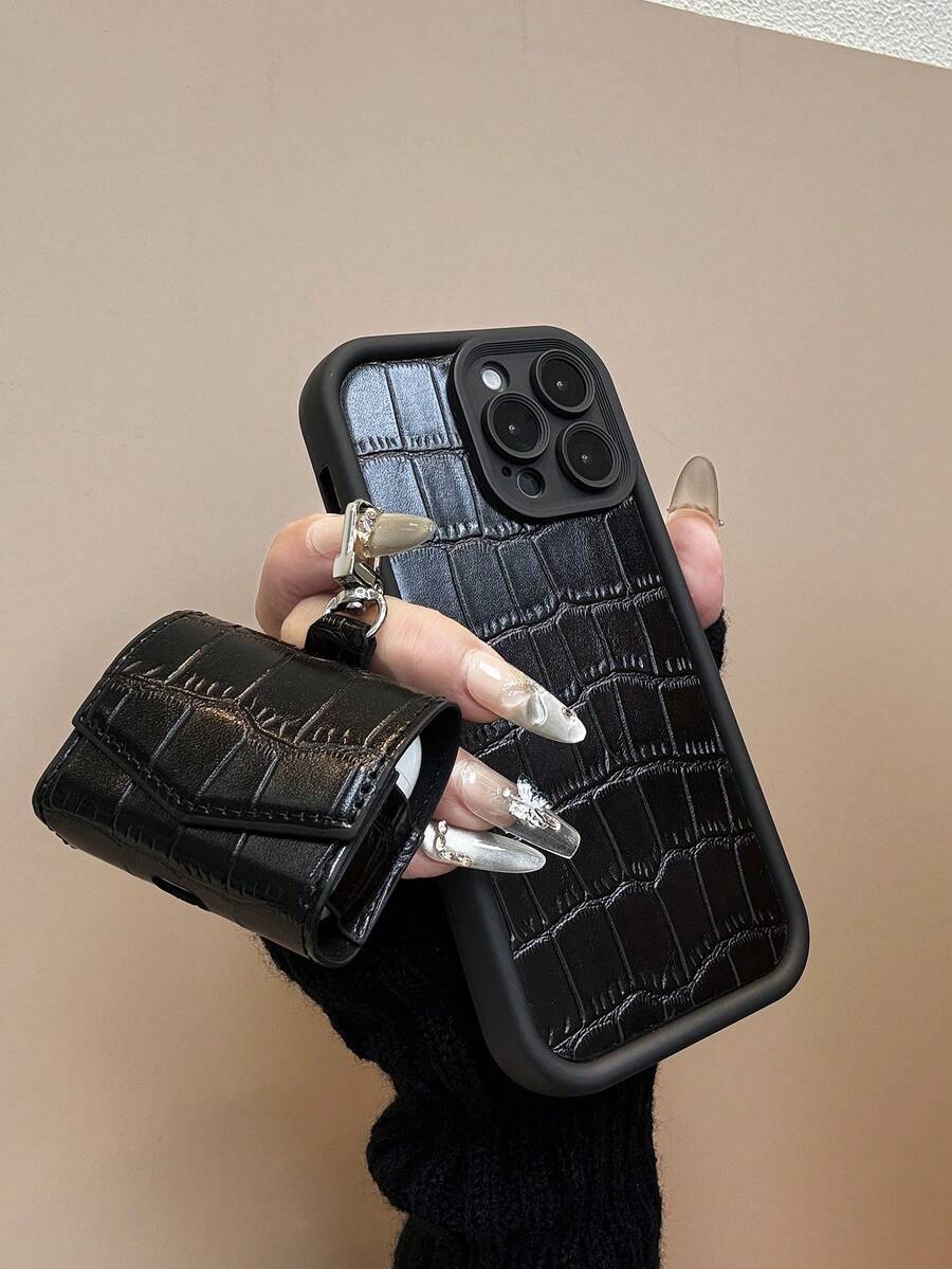 Luxury Black Crocodile Pattern Novelty Stone Texture Phone Case + Stone Texture Earphone Case Compatible With Apple X, XR, 11, 12, 13, 14, 15, 16 Pro Max, 17, Air, 17 Pro, 17 Pro Max, Pro, 4 Spring Gift Anniversary Birthday