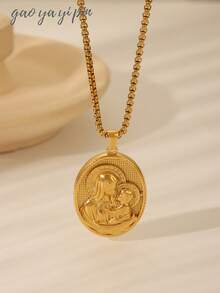 1pc 18K Gold Plated Vintage Oval Virgin Mary Christian Cross Stainless Steel Pendant Necklace, Suitable For Men, Women, Couples For Daily Wear And Christian Holiday Gifts