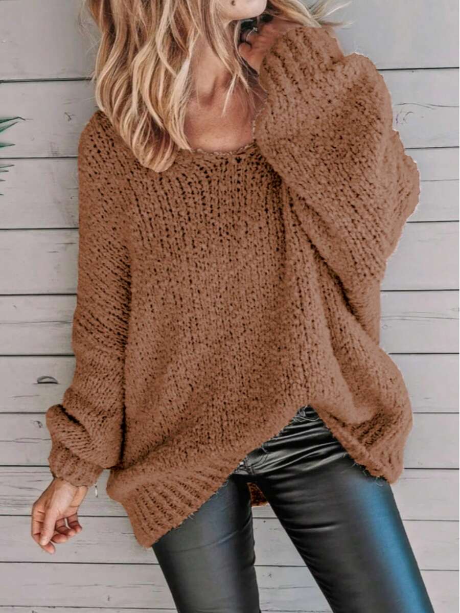 Plus Size Solid Color Crew Neck Casual Long Sleeve Knit Sweater - Brown - View 1