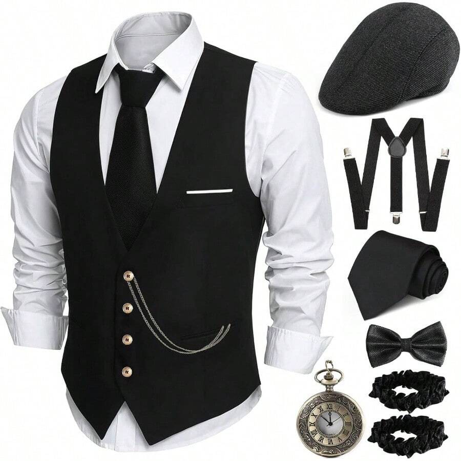 1920s Mens Costume, Roaring 20s Costumes Men, 1920S Mens Outfit Accessories With Vest Hat Pocket Watch Tie Armband - 加大尺寸+黑色(含腰帶) - 查看 1