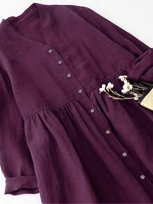 Women's V-Neck Open Front Casual Elegant 3/4 Sleeve Loose Midi Dress, Autumn/Spring