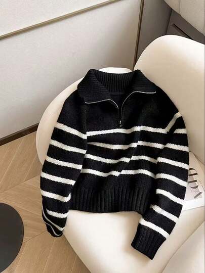 Femmes Loose Slouchy Chaud Noir & Blanc Rayé Demi-Zip Col Roulé Pull, Automne/Hiver