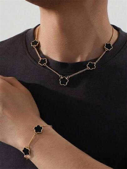 2pcs/Set Men's Fashion Business Style Lucky Clover Pendant Necklace With Chain And Bracelet Set, Valentine's Day Stylish Jewelry Gift