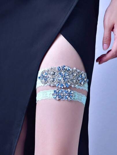 2 件/套新款设计浅蓝色水晶水钻新娘吊袜带，弹性蓝色蕾丝大腿吊袜带，女式派对腿吊袜带