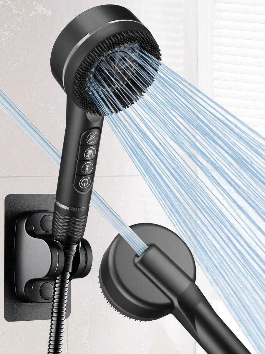 3pcs Plastic Shower Head Set, Multiple Modes, Wall Mount Insert Hook, Super Powerful Spray, 1.5mm Black Hose, With Bracket, For Home Bath - Black - View 1