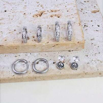 4 Pairs Zirconia Earring Set, Women's Elegant Silver-Tone Flat Stud Earrings, Suitable For Earlobe, Cartilage, Helix And Other Ear Piercings, Unisex