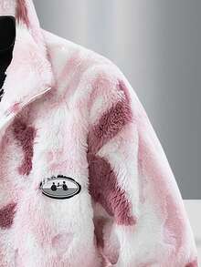 Áo khoác nam dài tay cổ đứng lót lông cừu giả, kiểu dáng thời trang, nhuộm tie-dye, phối họa tiết thêu phía trước, cổ tay áo bo chun, phong cách thường ngày, thích hợp cho mùa thu đông. - Hồng - Xem 4