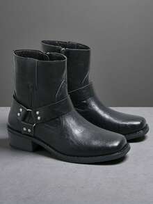 Giày bốt Chelsea nam kiểu retro, bốt màu trơn, bốt cổ thấp, bốt cao bồi thời trang cổ trung, bốt động mũi vuông kiểu châu Âu và Mỹ có khóa kéo bên hông, bốt da. - màu đen - Xem 1