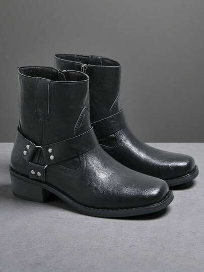 Men's Retro Chelsea Boots, Solid Color Boots, Short Boots, Fashionable Mid-Top Cowboy Boots, European & American Square Toe Side Zipper Work Boots, Leather Boots