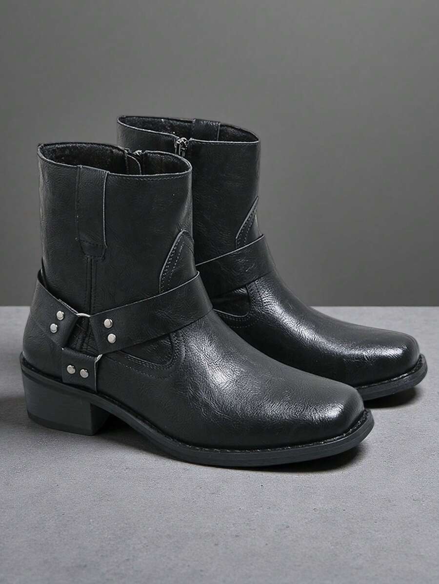 Giày bốt Chelsea nam kiểu retro, bốt màu trơn, bốt cổ thấp, bốt cao bồi thời trang cổ trung, bốt động mũi vuông kiểu châu Âu và Mỹ có khóa kéo bên hông, bốt da. - màu đen - Xem 1