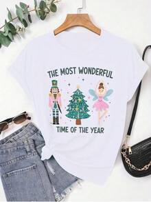 Camiseta blanca de Navidad para mujer-la época más hermosa del año Camiseta de manga corta con cascanueces, bailarina de Ballet y diseño de vacaciones, decoración de lazo rosa: adecuada para fiestas navideñas y Top informal con cuello redondo (lavable a mano) - Blanco - Ver 1