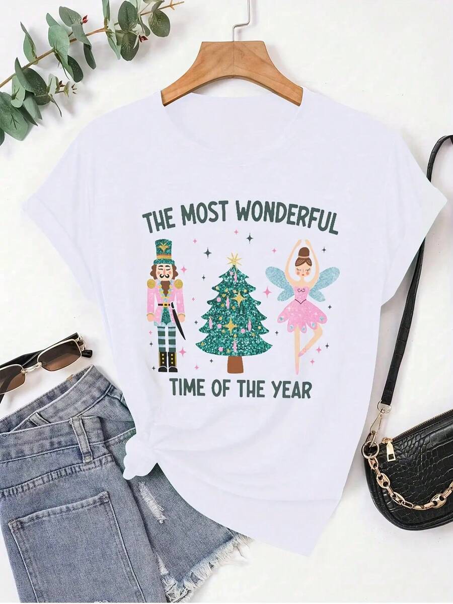 Camiseta blanca de Navidad para mujer-la época más hermosa del año Camiseta de manga corta con cascanueces, bailarina de Ballet y diseño de vacaciones, decoración de lazo rosa: adecuada para fiestas navideñas y Top informal con cuello redondo (lavable a mano) - Blanco - Ver 1