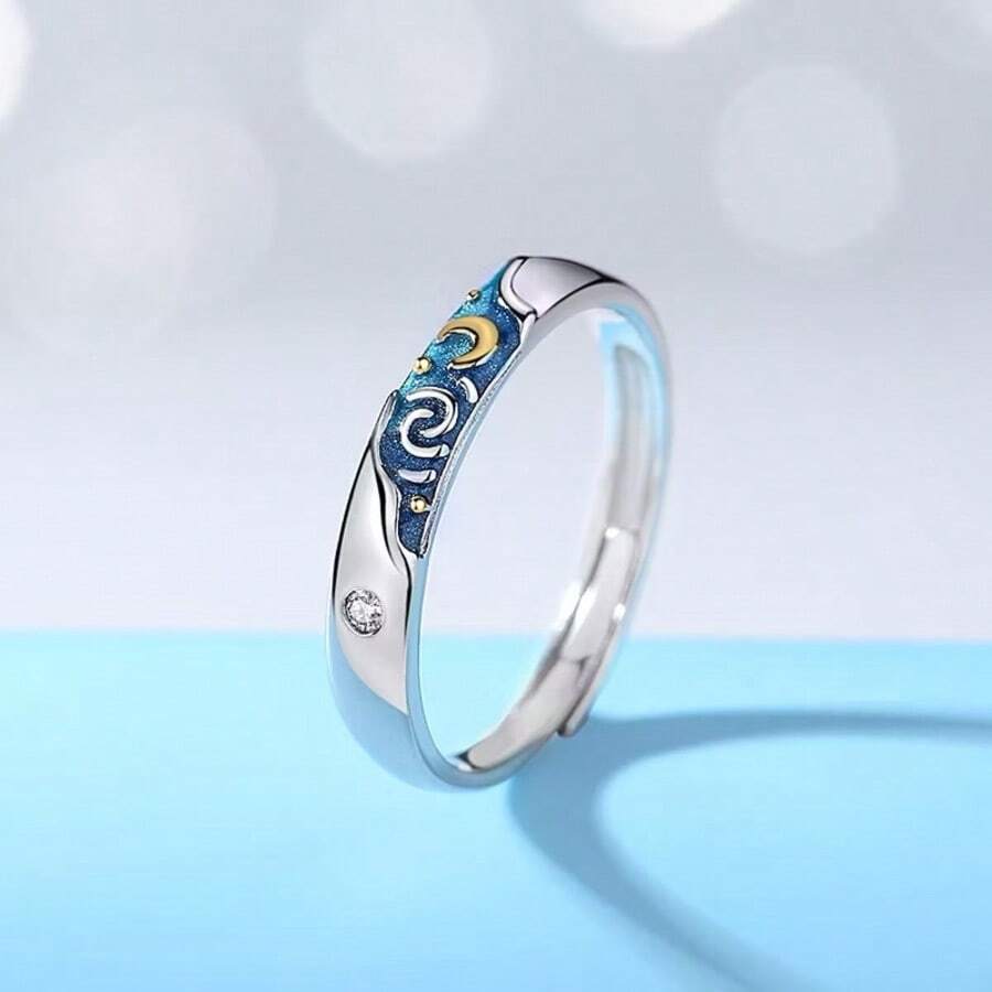 Fashion Plated 925 Silver Engagement Ring With Van Gogh Starry Sky Enamel, Valentine's Day Gift - 1 anel pequeno - 查看 1