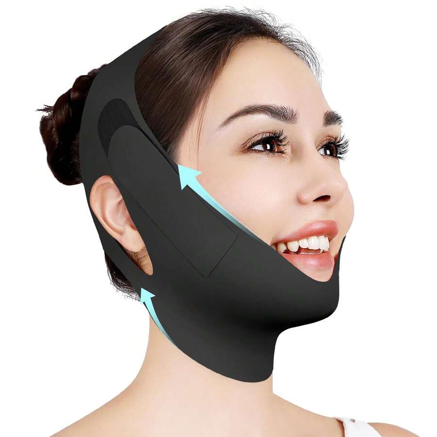 Adjustable V-Shape Chin Strap Mask - Reusable Soft Fabric | Ideal For Night Sleep, Home Yoga, After-Work Lounging & Lazy Afternoon Naps - 黑色 - 查看 1